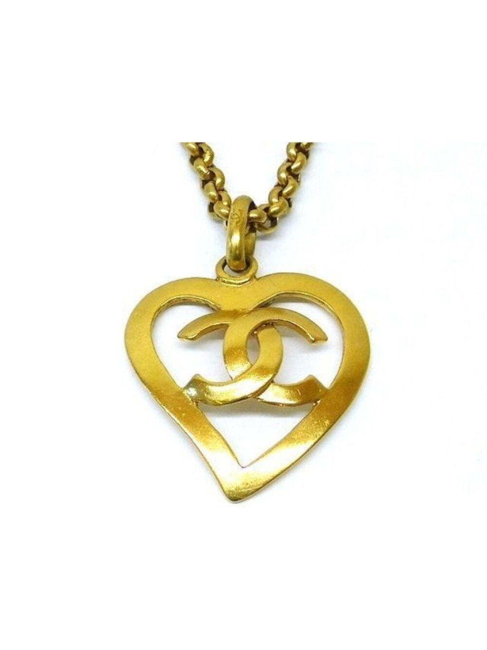Chanel Vintage Gold Colored Heart &CC Logo Chain Necklace 95P Antique
